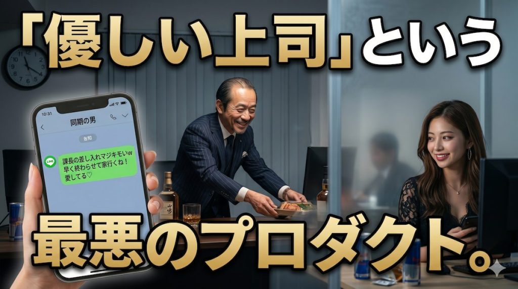 オフィスで優しい笑顔で差し入れを渡す40代上司の裏で、同期の男にキモいとLINEを打つ20代女性部下の冷酷な姿