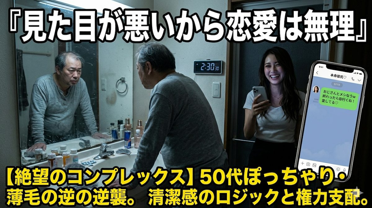 薄暗い洗面所で鏡に映るたるんだ体型と薄毛を見つめ絶望する50代男性と、その背後のスマホ画面で別の男と笑顔でLINEをする若い女性の冷酷な対比