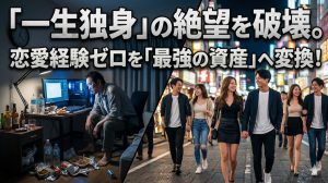薄暗い部屋で一人PCのモニターを見つめ絶望する40代男性と、その外の世界で別の男と笑顔で歩く女性たちの対比
