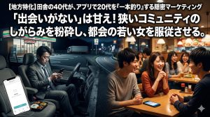 地方の暗い国道沿いの駐車場で一人スマホを見つめる40代男性と、その数キロ先のチェーン店で地元の若い男と笑い合う20代女性の残酷な対比