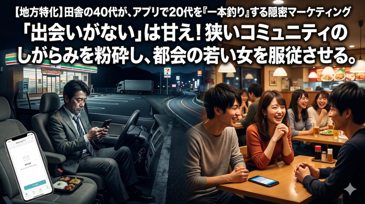 地方の暗い国道沿いの駐車場で一人スマホを見つめる40代男性と、その数キロ先のチェーン店で地元の若い男と笑い合う20代女性の残酷な対比